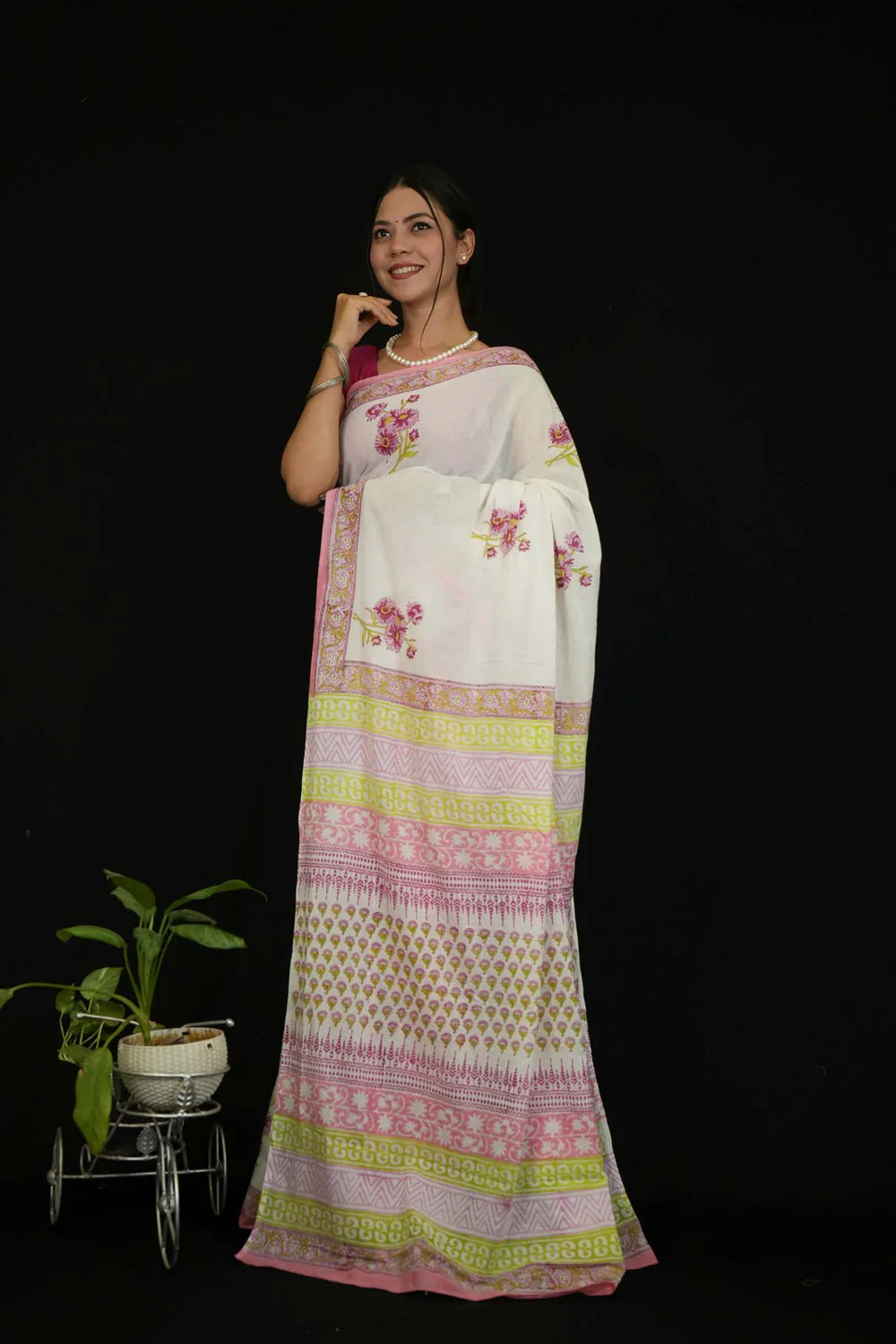 Pure Mulmul Cotton with All Over Vegetable Dye Hand Block Printed Ready To Wear Saree