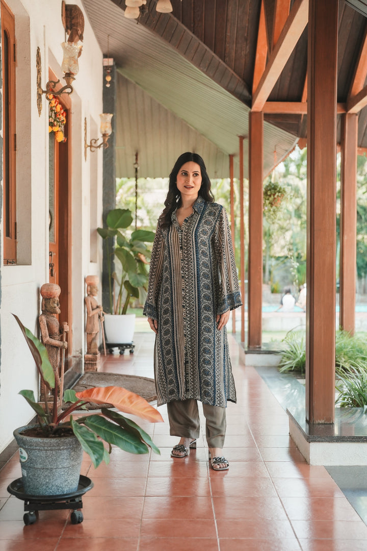 Ajrakh Indigo Geometric Print Kurta Set- SET OF-2 | SHOBITAM