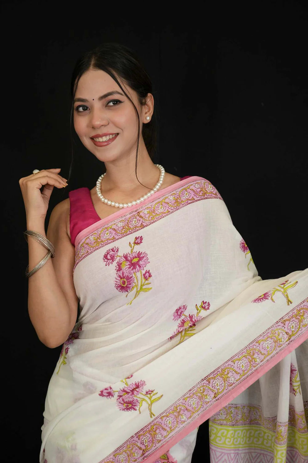 Pure Mulmul Cotton with All Over Vegetable Dye Hand Block Printed Ready To Wear Saree