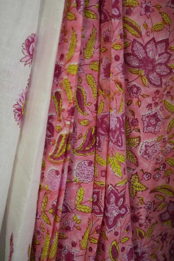 Pure Mulmul Cotton with All Over Vegetable Dye Hand Block Printed Ready To Wear Saree