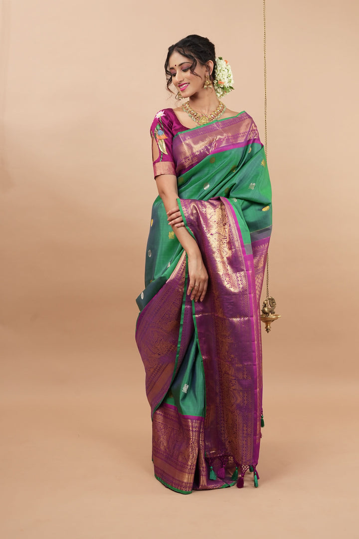 Gadwal Big Border Pure Silk saree in peacock Green dual tone with Violet Border | SILK MARK CERTIFIED