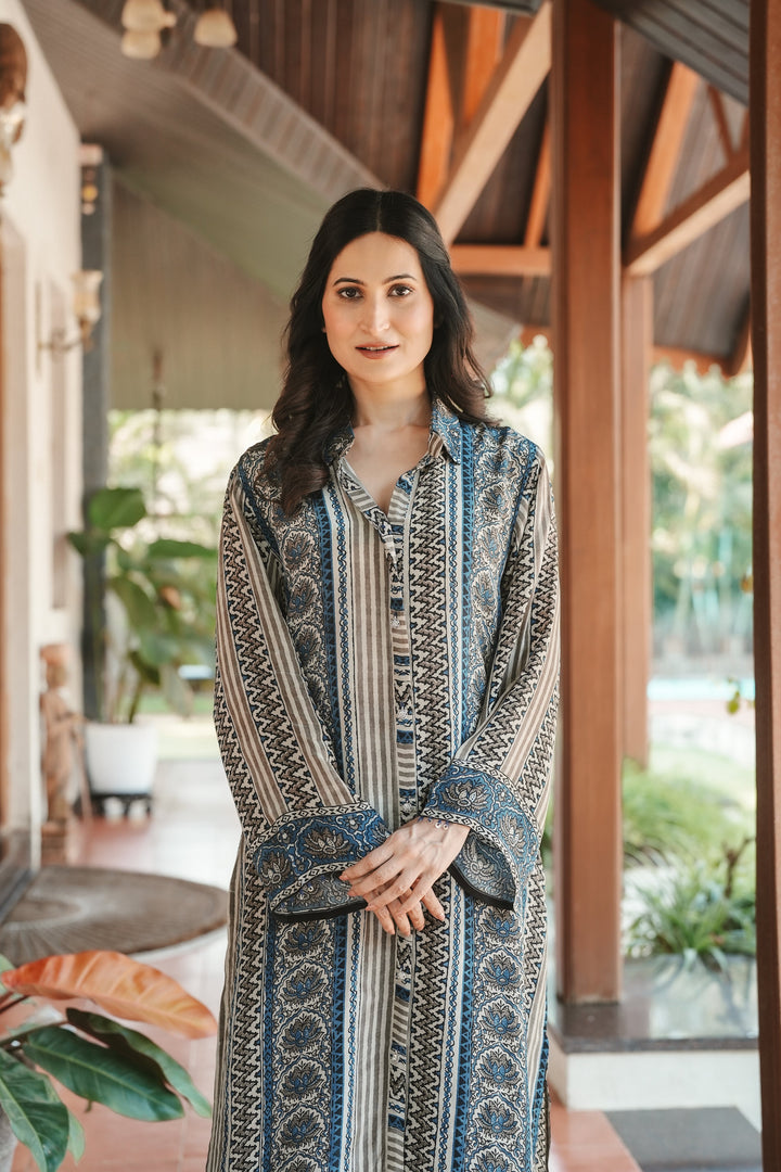 Ajrakh Indigo Geometric Print Kurta Set- SET OF-2 | SHOBITAM