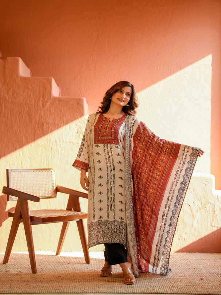 White and Black Block Print With Red Coloured Yoke Suit Set -SET OF-3 | SHOBITAM