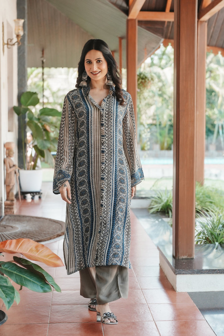 Ajrakh Indigo Geometric Print Kurta Set- SET OF-2 | SHOBITAM