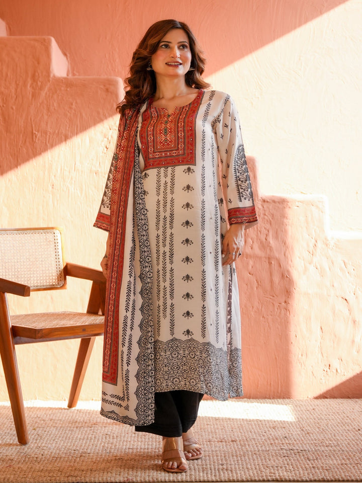 White and Black Block Print With Red Coloured Yoke Suit Set -SET OF-3 | SHOBITAM
