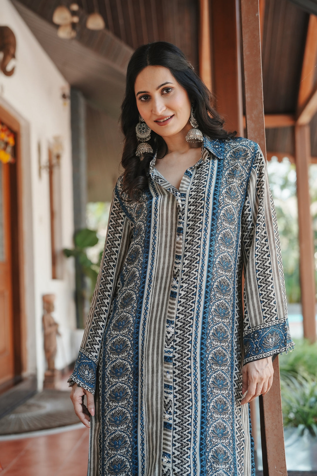 Ajrakh Indigo Geometric Print Kurta Set- SET OF-2 | SHOBITAM
