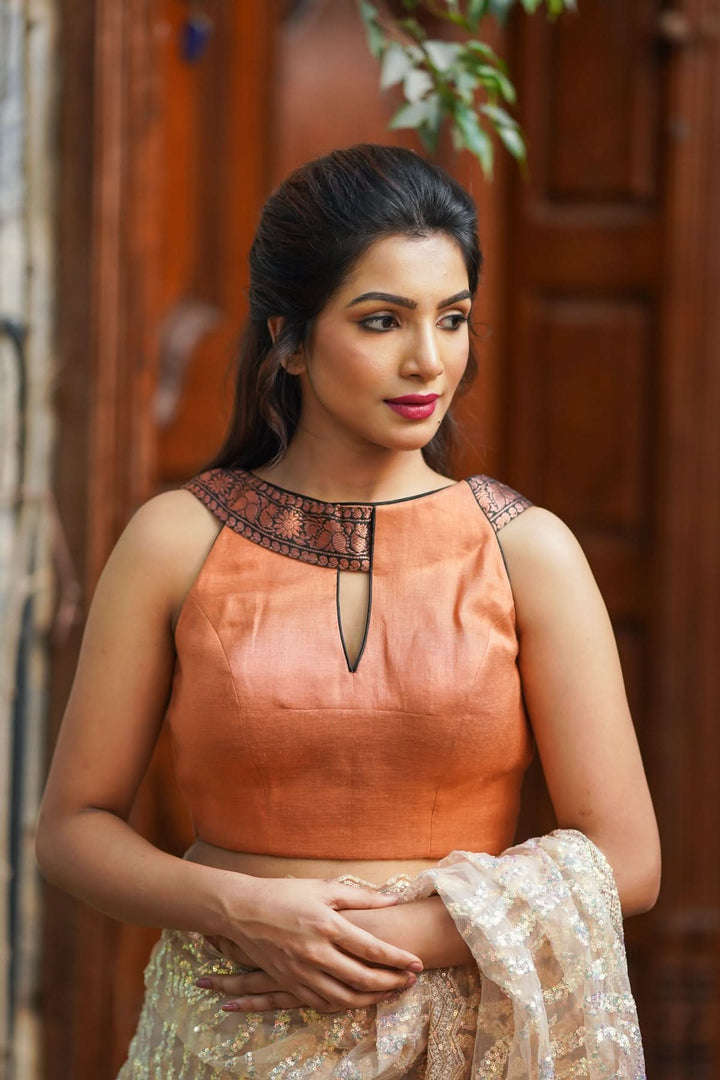 Copper shimmer boatneck blouse with border detailing, Made to Order