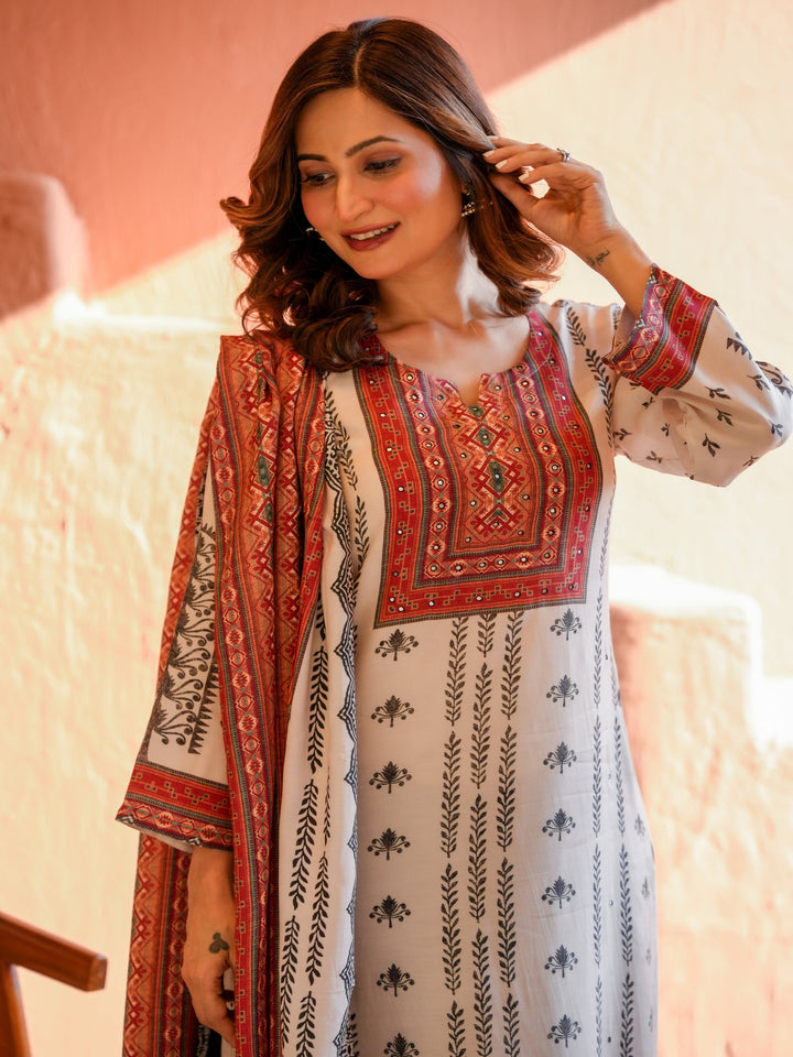 White and Black Block Print With Red Coloured Yoke Suit Set -SET OF-3 | SHOBITAM