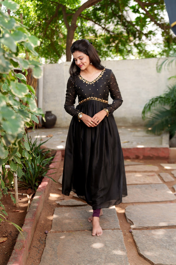 Mridula Black Alia-cut Design Dress | Made To Order