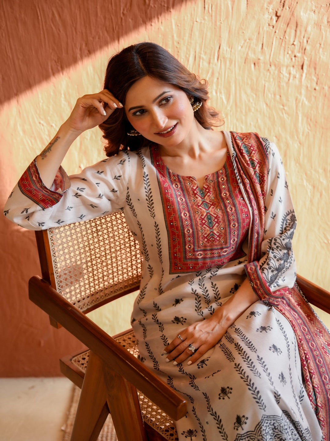 White and Black Block Print With Red Coloured Yoke Suit Set -SET OF-3 | SHOBITAM