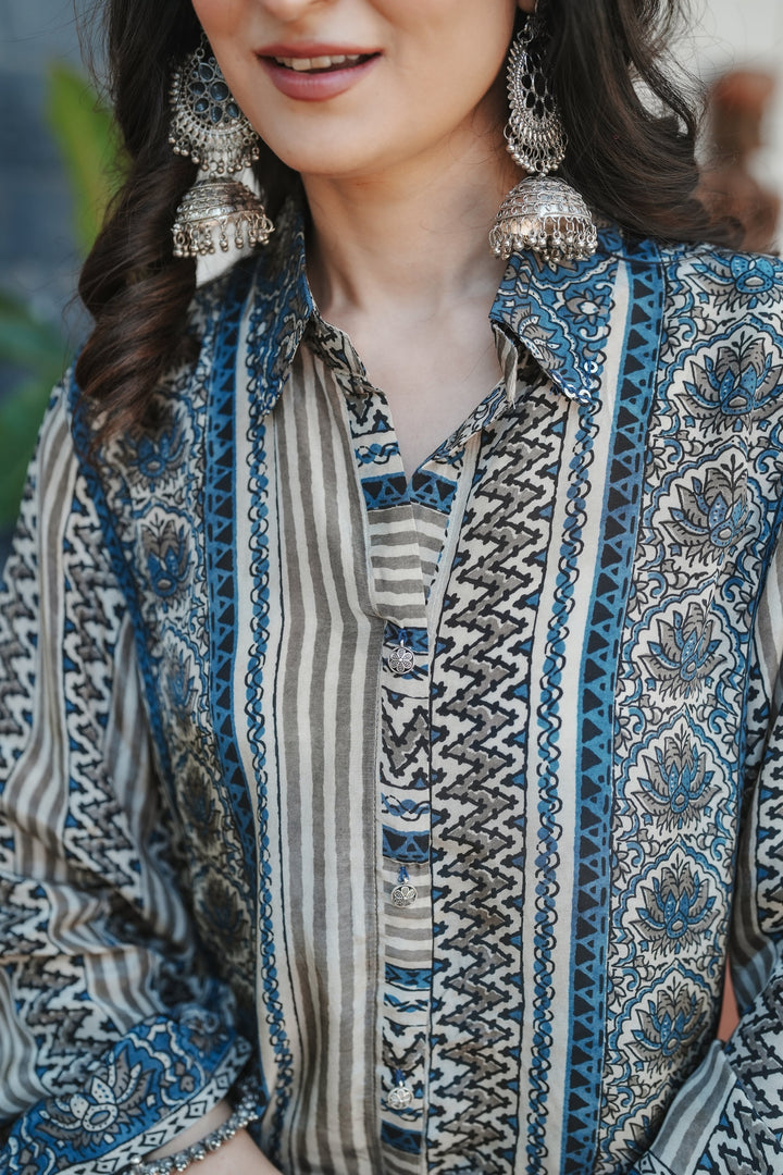 Ajrakh Indigo Geometric Print Kurta Set- SET OF-2 | SHOBITAM