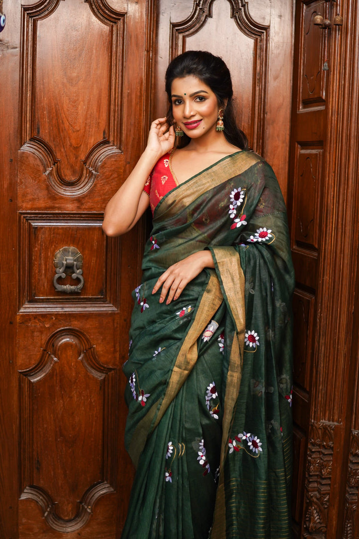 Pre order Hunter Green Silk Linen Saree with Moti Nath Embroidery,Woven zari Borders and Long Tassels