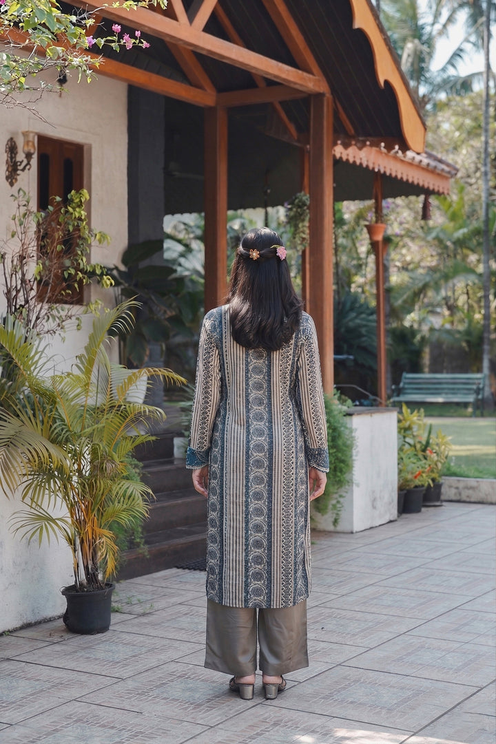 Ajrakh Indigo Geometric Print Kurta Set- SET OF-2 | SHOBITAM