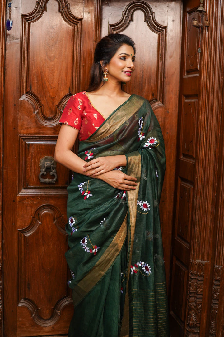 Pre order Hunter Green Silk Linen Saree with Moti Nath Embroidery,Woven zari Borders and Long Tassels
