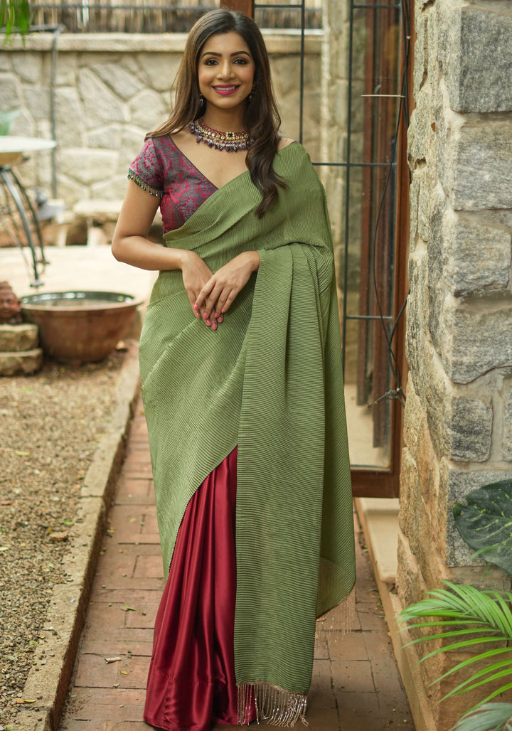 Pleated Satin saree in Sage Green and Maroon, No Blouse Piece | SHOBITAM
