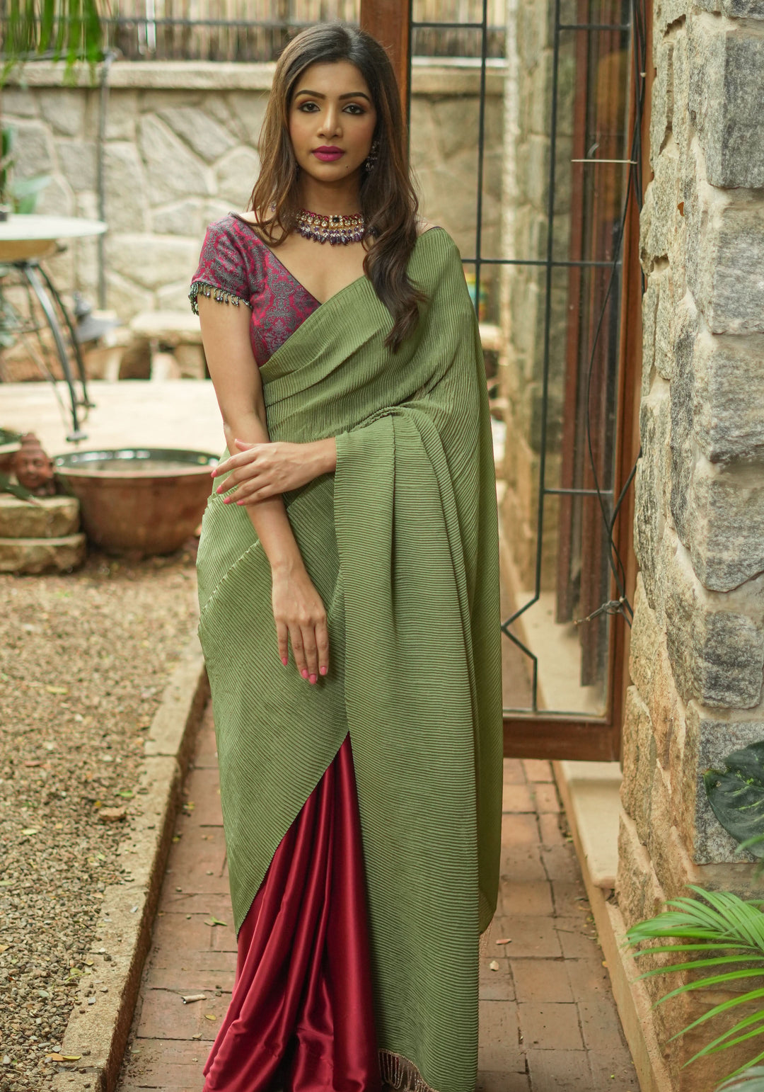 Pleated Satin saree in Sage Green and Maroon, No Blouse Piece | SHOBITAM