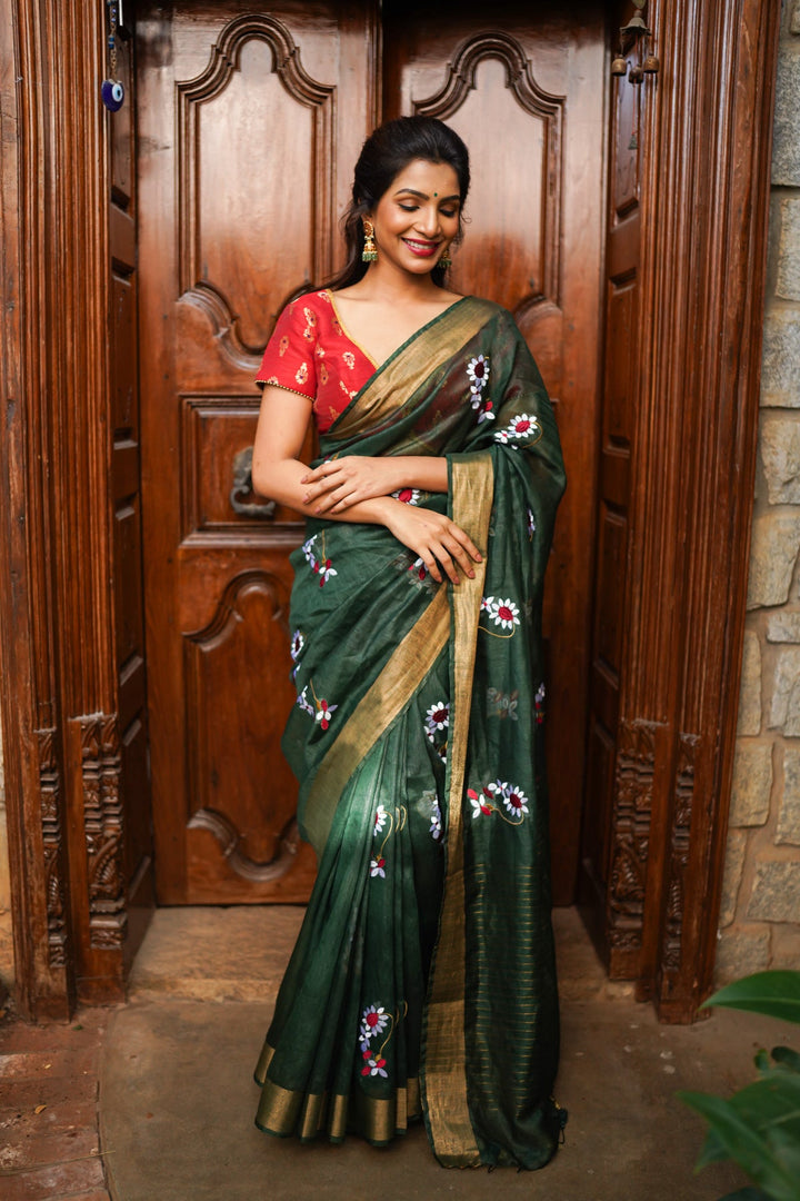Pre order Hunter Green Silk Linen Saree with Moti Nath Embroidery,Woven zari Borders and Long Tassels