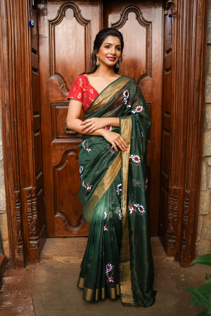 Pre order Hunter Green Silk Linen Saree with Moti Nath Embroidery,Woven zari Borders and Long Tassels
