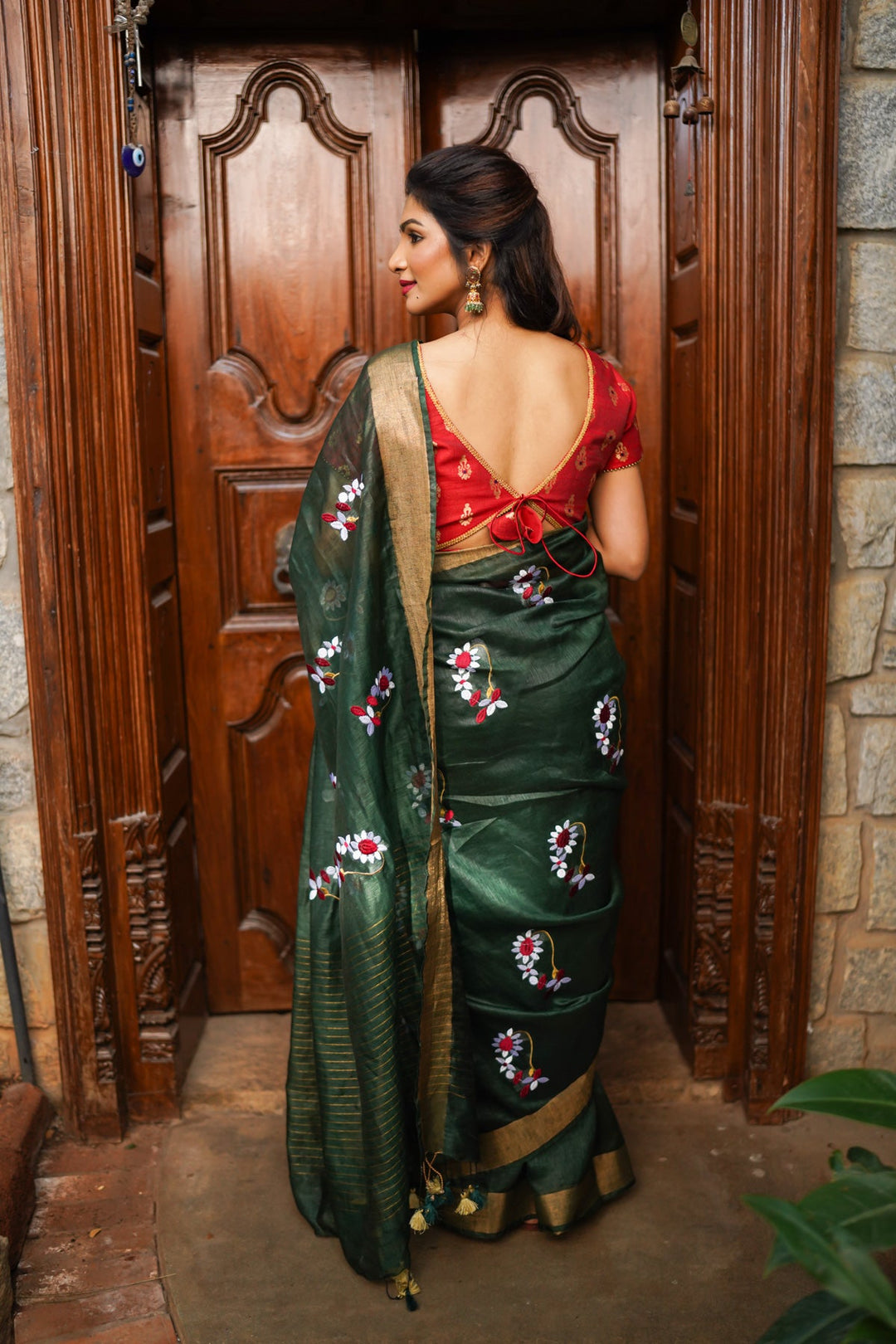 Pre order Hunter Green Silk Linen Saree with Moti Nath Embroidery,Woven zari Borders and Long Tassels