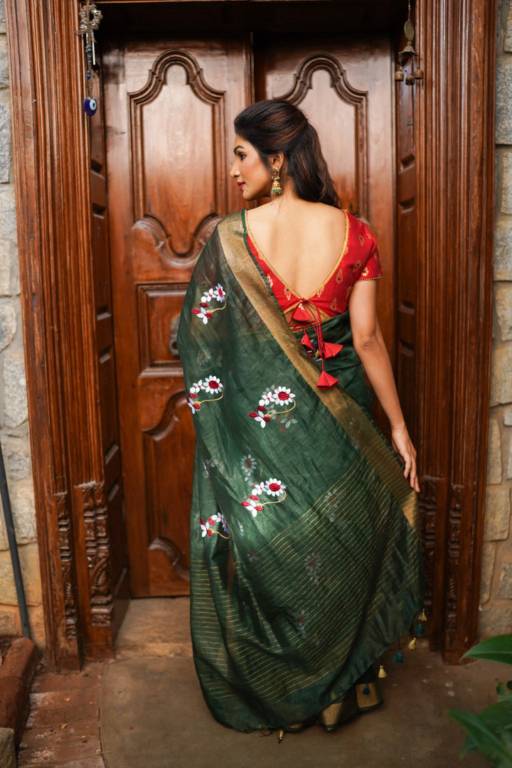 Pre order Hunter Green Silk Linen Saree with Moti Nath Embroidery,Woven zari Borders and Long Tassels