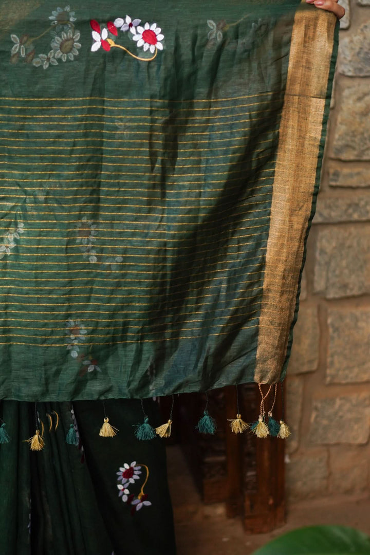 Pre order Hunter Green Silk Linen Saree with Moti Nath Embroidery,Woven zari Borders and Long Tassels