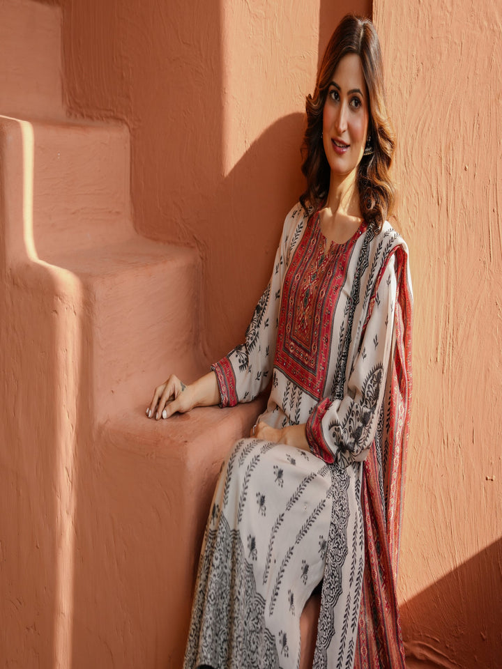 White and Black Block Print With Red Coloured Yoke Suit Set -SET OF-3 | SHOBITAM