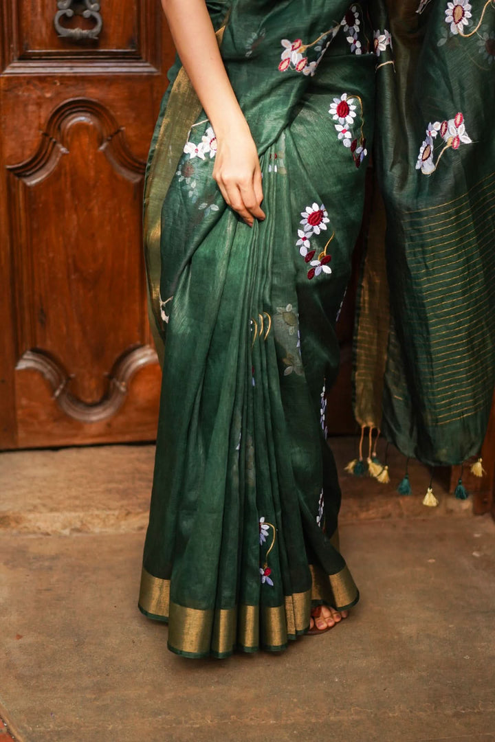 Pre order Hunter Green Silk Linen Saree with Moti Nath Embroidery,Woven zari Borders and Long Tassels
