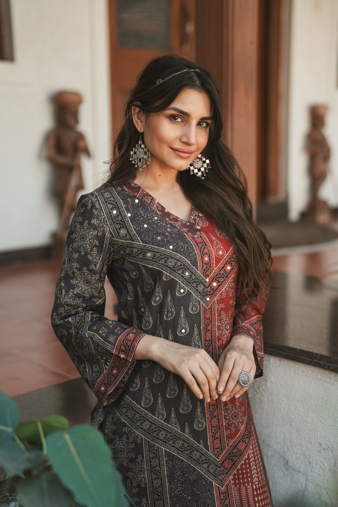 Rustic Red with Grey Panel Block Printing with Gota Spread Work Muslin Kurta Set -SET OF-2 | SHOBITAM