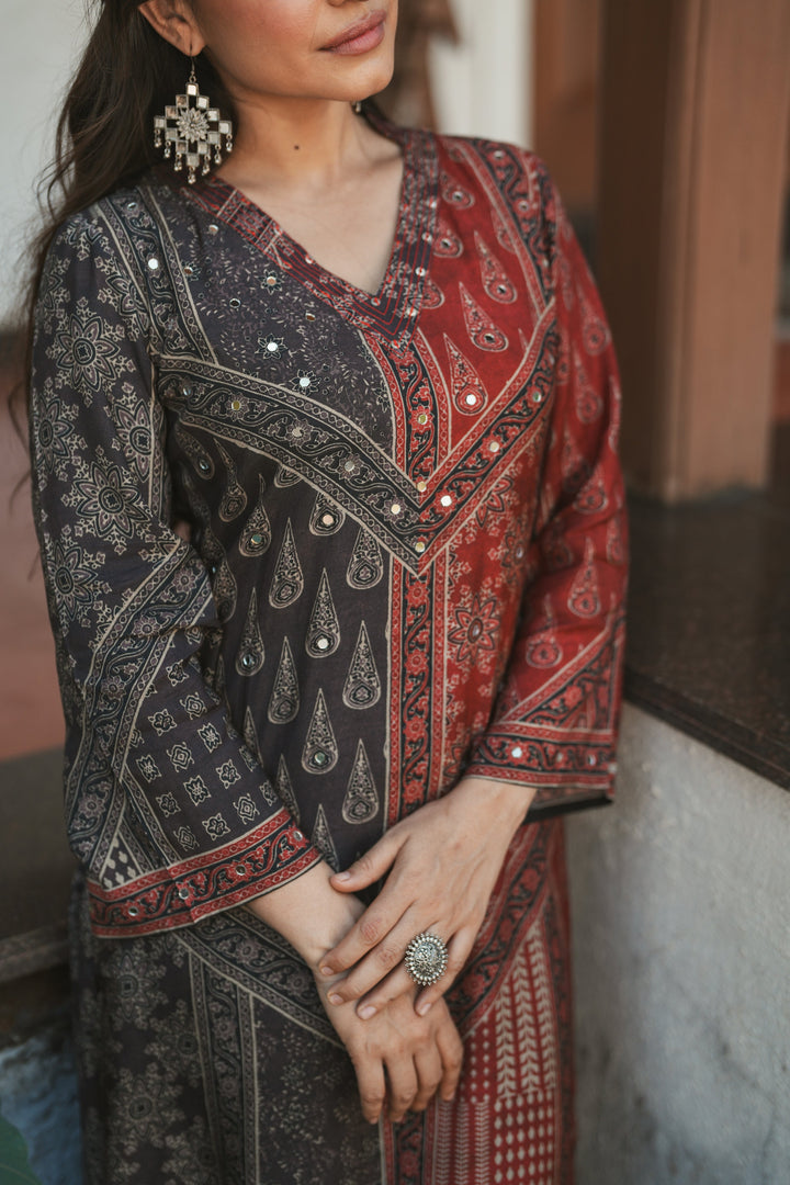 Rustic Red with Grey Panel Block Printing with Gota Spread Work Muslin Kurta Set -SET OF-2 | SHOBITAM