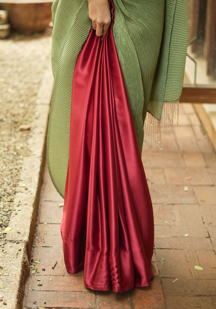 Pleated Satin saree in Sage Green and Maroon, No Blouse Piece | SHOBITAM