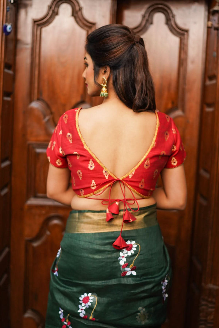 Deep V Neck Tie Back Blouse in Red with Gold Motifs!