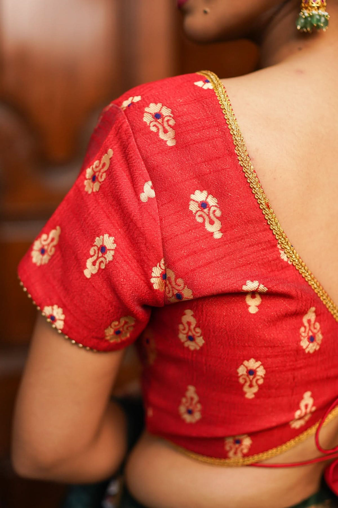 Deep V Neck Tie Back Blouse in Red with Gold Motifs!