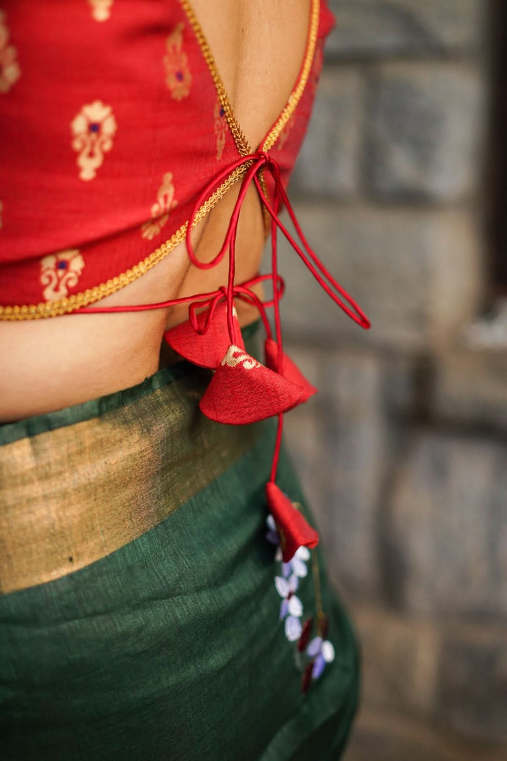 Deep V Neck Tie Back Blouse in Red with Gold Motifs!