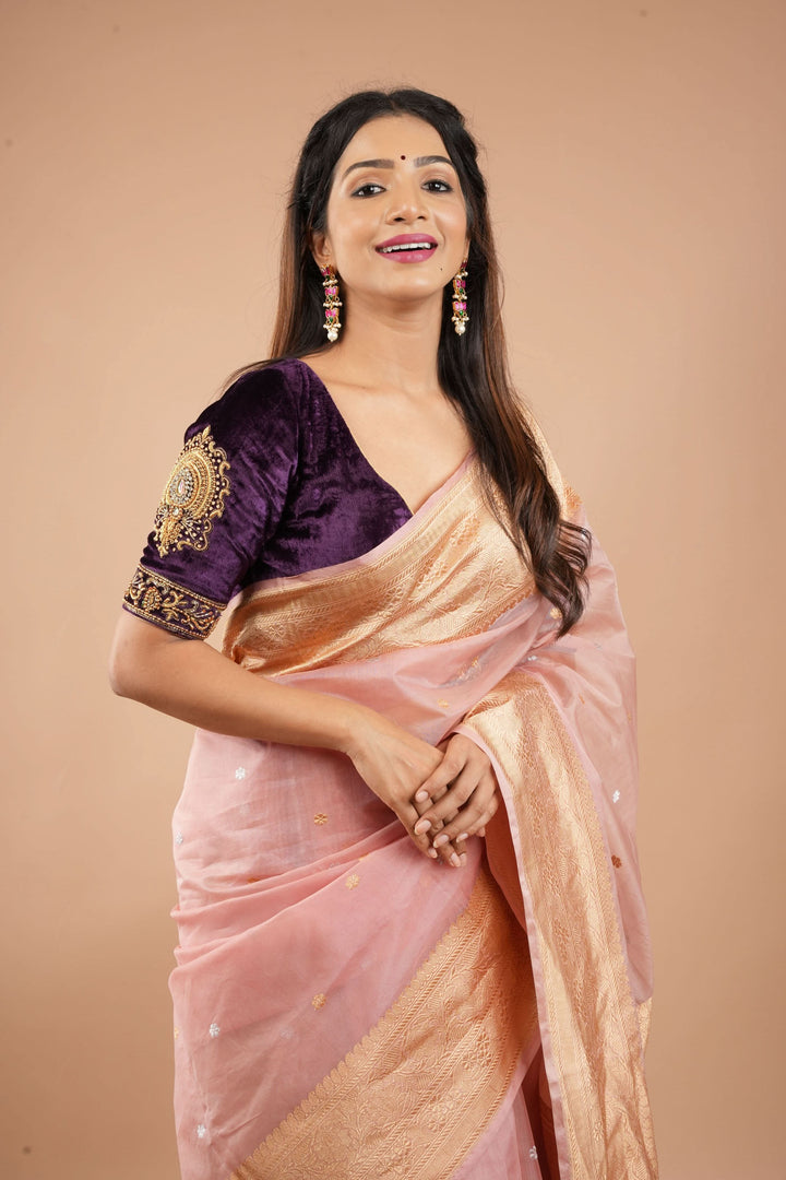 Dusty Rose Pure Banarasi Kora Silk Saree with Chunri Buttas and Paisley Grand Pallu | SILK MARK CERTIFIED