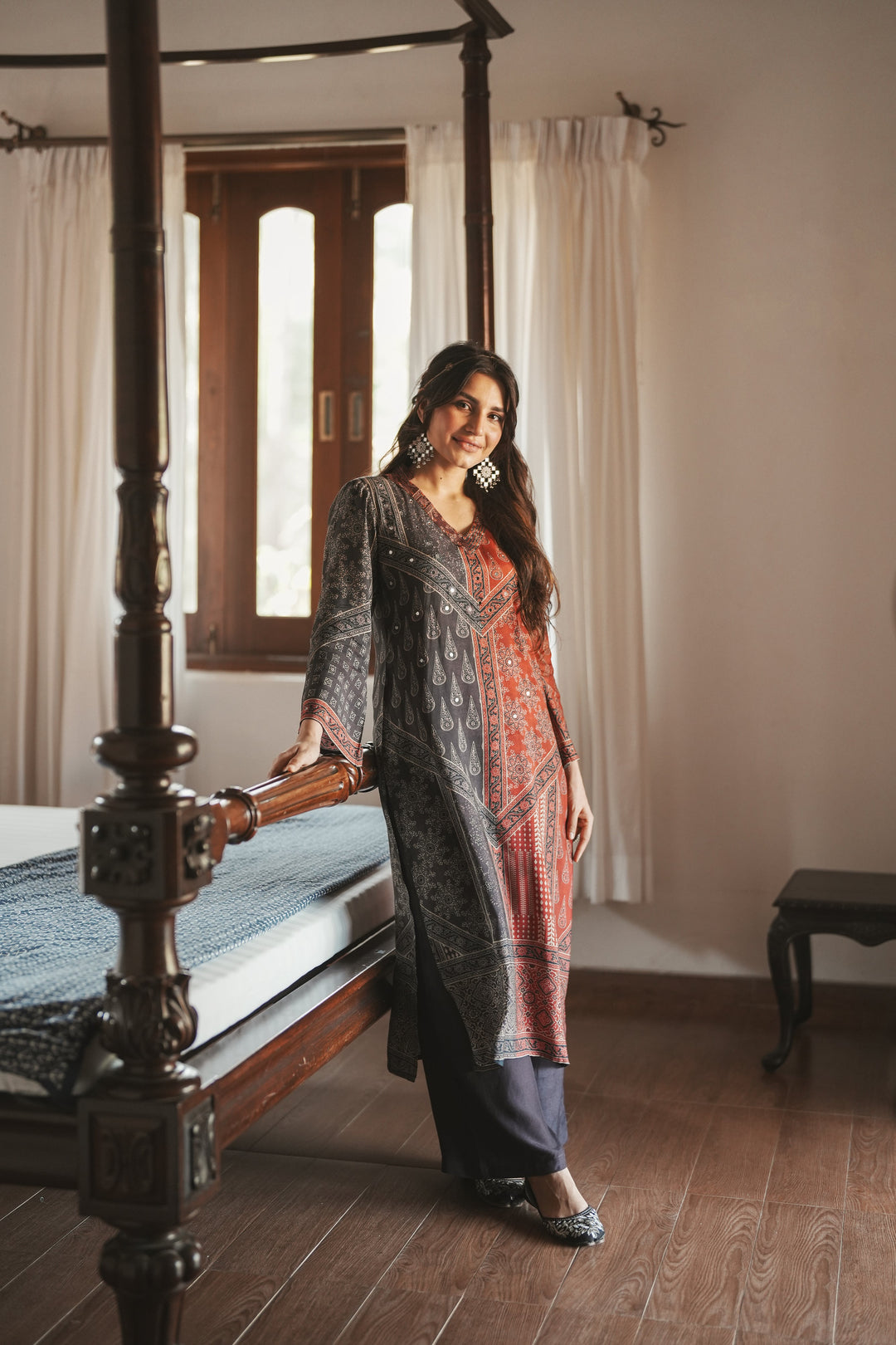 Rustic Red with Grey Panel Block Printing with Gota Spread Work Muslin Kurta Set -SET OF-2 | SHOBITAM