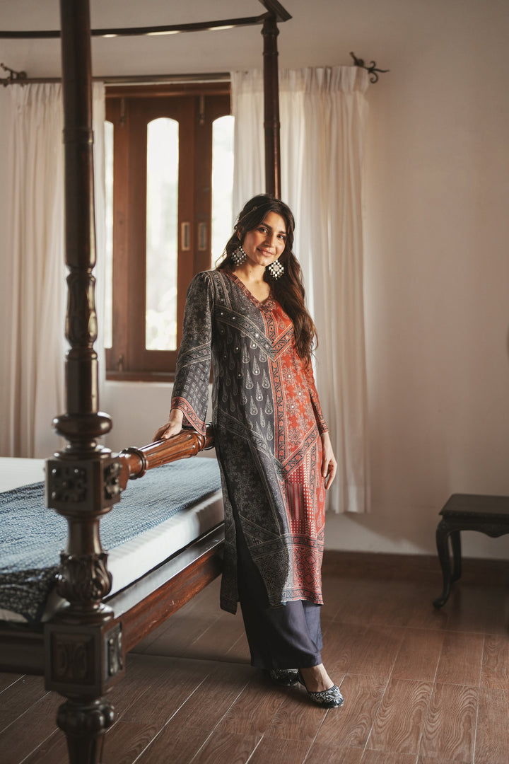 Rustic Red with Grey Panel Block Printing with Gota Spread Work Muslin Kurta Set -SET OF-2 | SHOBITAM