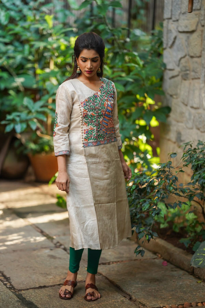 Pure Kosa Tussar Kurti with Handpainted Madhubani Art with Green Leggings 2 piece set | Made To Order