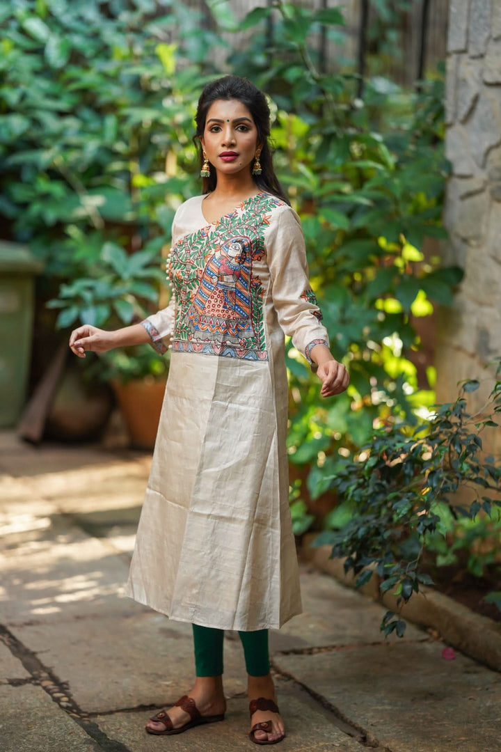 Pure Kosa Tussar Kurti with Handpainted Madhubani Art with Green Leggings 2 piece set | Made To Order