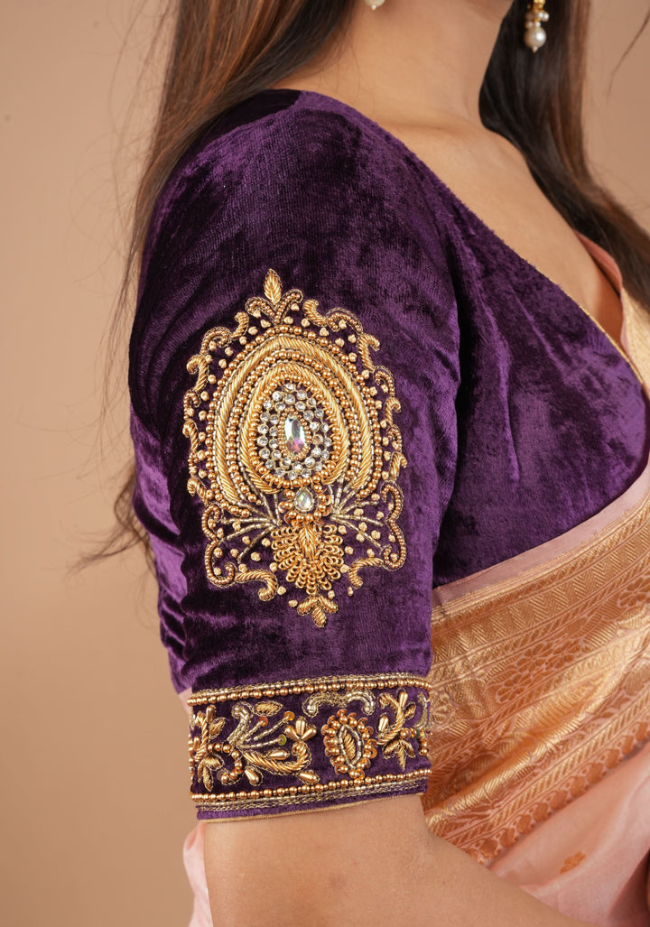 Purple Velvet Blouse with Stone and Zardosi detailing on sleeves and waist front, Customizable, Made to Order