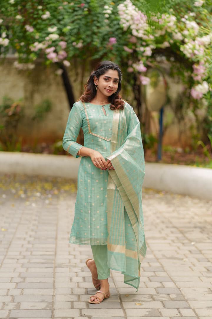 Pastel Blue Kurti, Pant, and Dupatta 3-Piece Set | Made To Order