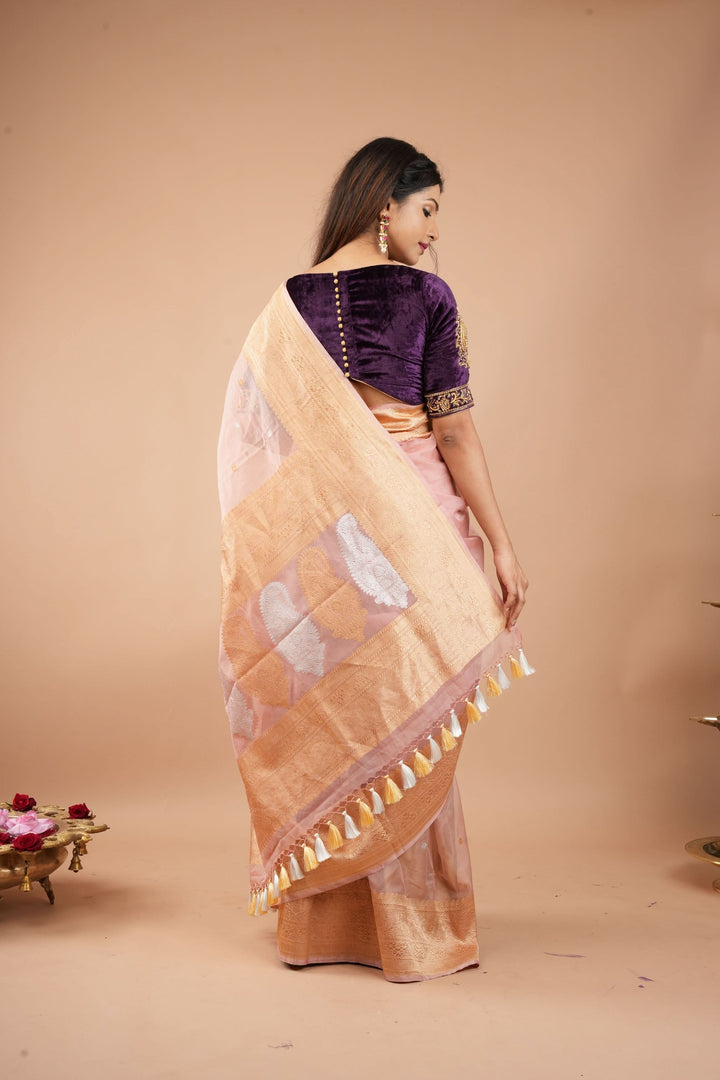Dusty Rose Pure Banarasi Kora Silk Saree with Chunri Buttas and Paisley Grand Pallu | SILK MARK CERTIFIED