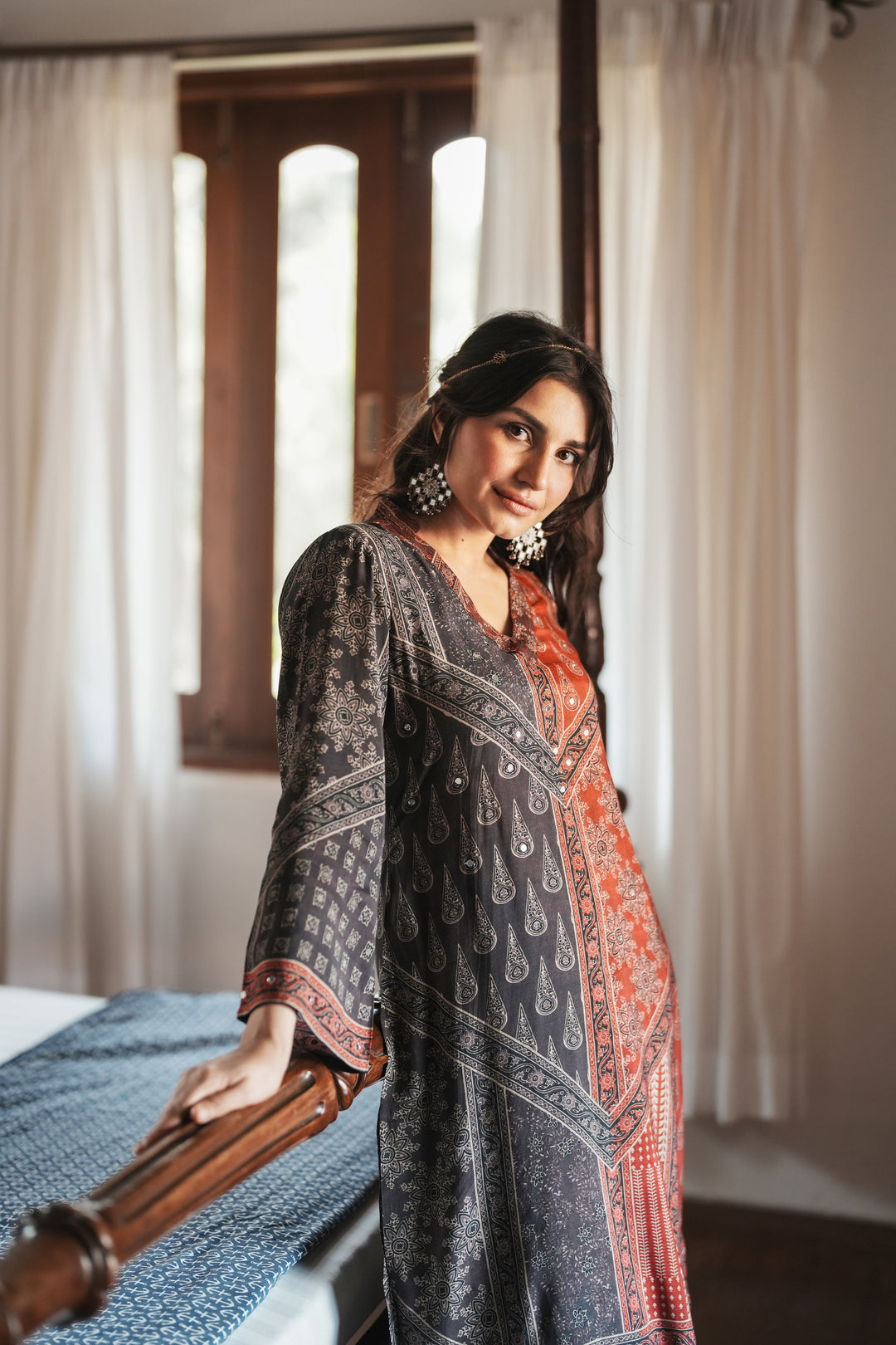 Rustic Red with Grey Panel Block Printing with Gota Spread Work Muslin Kurta Set -SET OF-2 | SHOBITAM