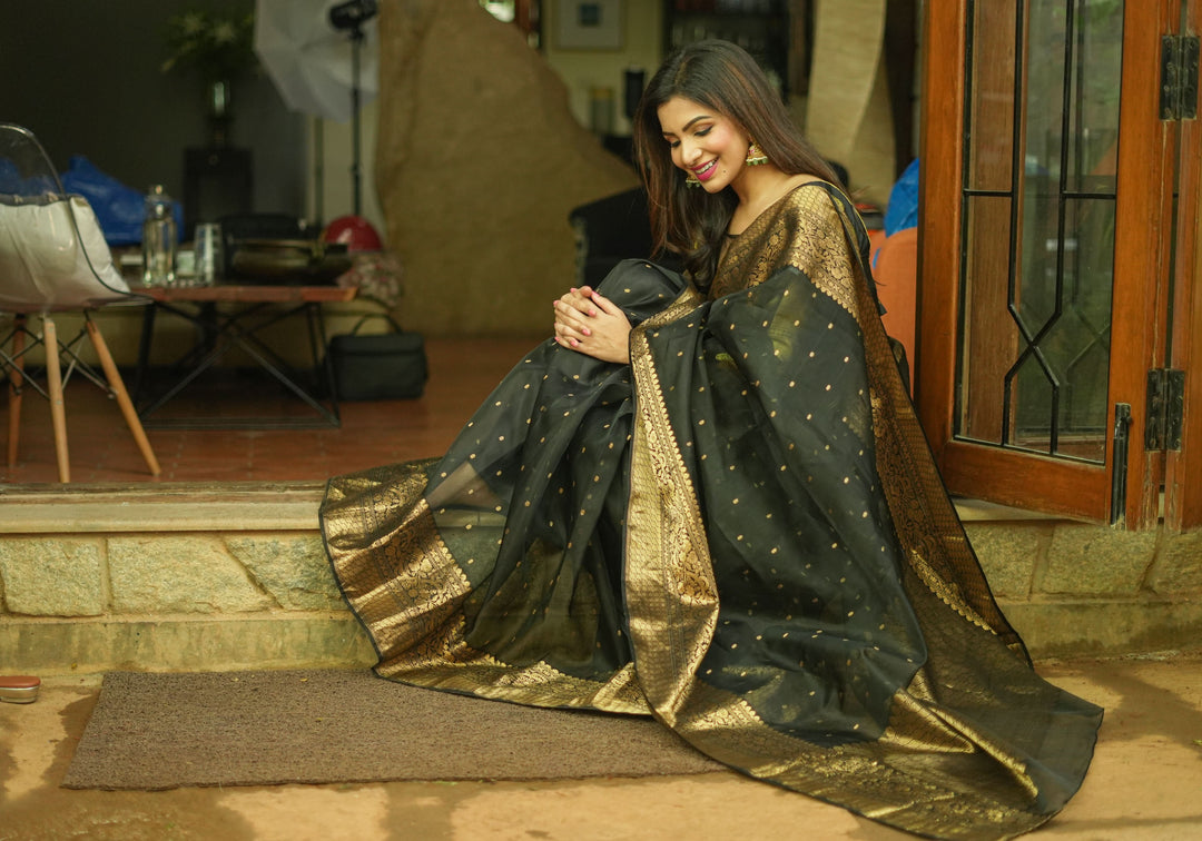 Celebrity Chanderi Silk Saree in Black with Zari chunri Butis and wide zari border