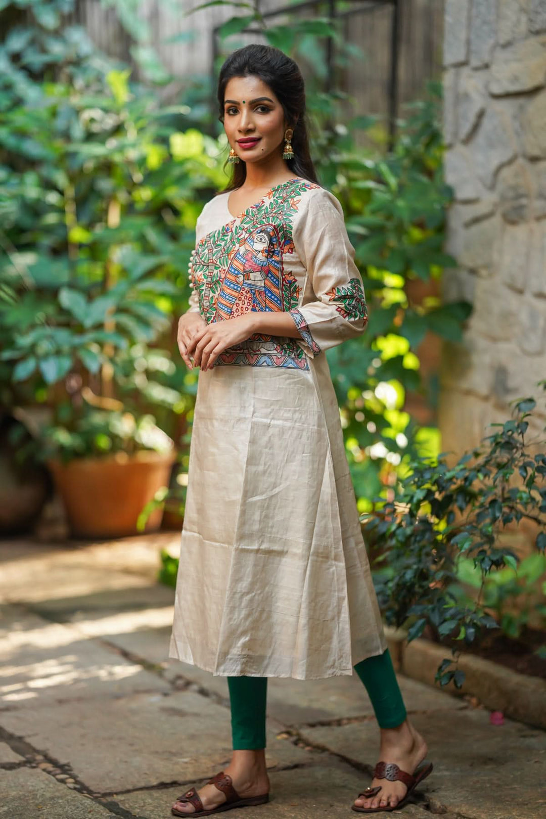 Pure Kosa Tussar Kurti with Handpainted Madhubani Art with Green Leggings 2 piece set | Made To Order