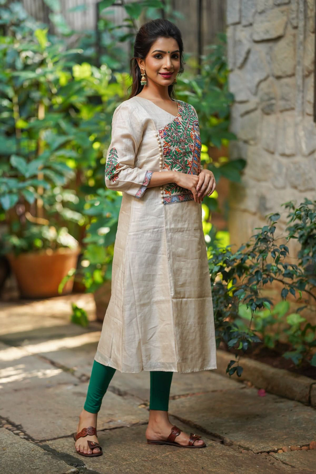 Pure Kosa Tussar Kurti with Handpainted Madhubani Art with Green Leggings 2 piece set | Made To Order