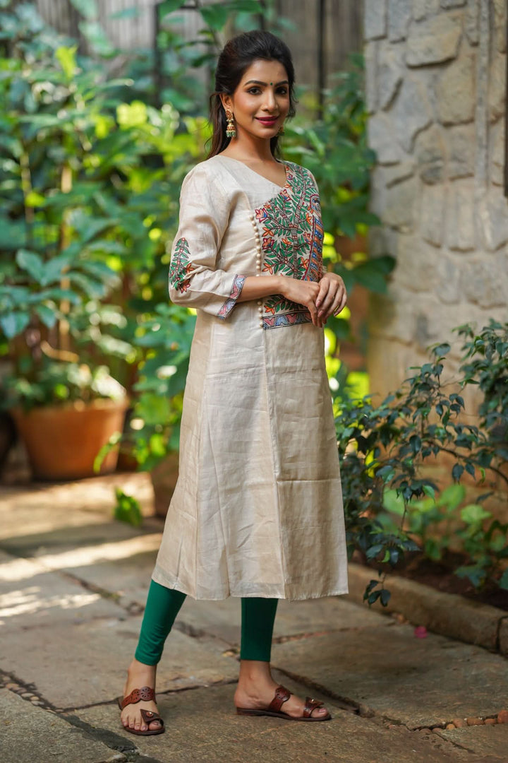 Pure Kosa Tussar Kurti with Handpainted Madhubani Art with Green Leggings 2 piece set | Made To Order