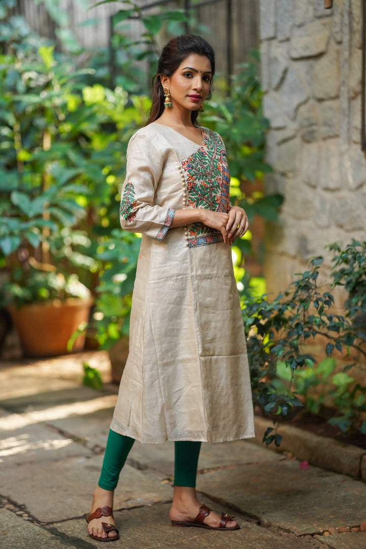 Pure Kosa Tussar Kurti with Handpainted Madhubani Art with Green Leggings 2 piece set | Made To Order
