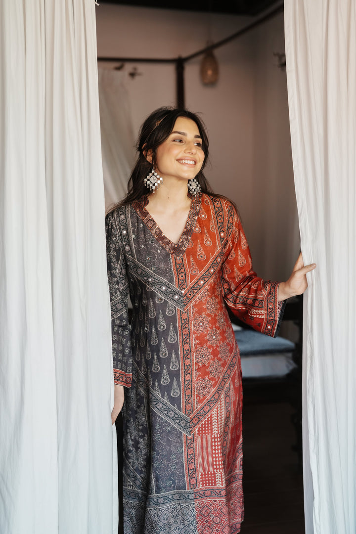 Rustic Red with Grey Panel Block Printing with Gota Spread Work Muslin Kurta Set -SET OF-2 | SHOBITAM