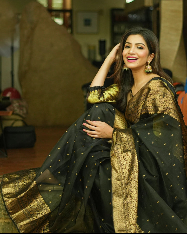 Celebrity Chanderi Silk Saree in Black with Zari chunri Butis and wide zari border