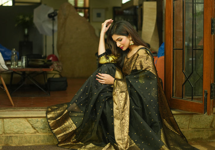 Celebrity Chanderi Silk Saree in Black with Zari chunri Butis and wide zari border